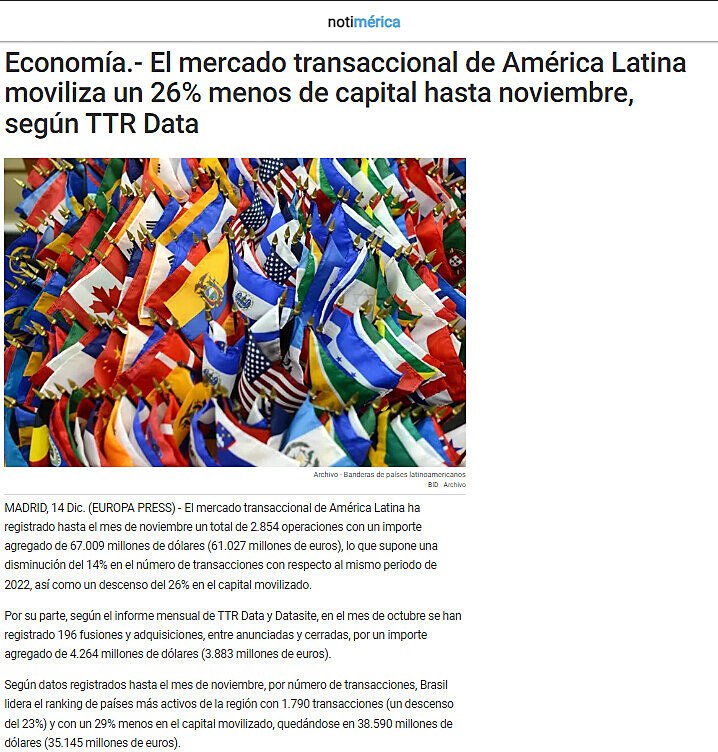 Economa.- El mercado transaccional de Amrica Latina moviliza un 26% menos de capital hasta noviembre, segn TTR Data